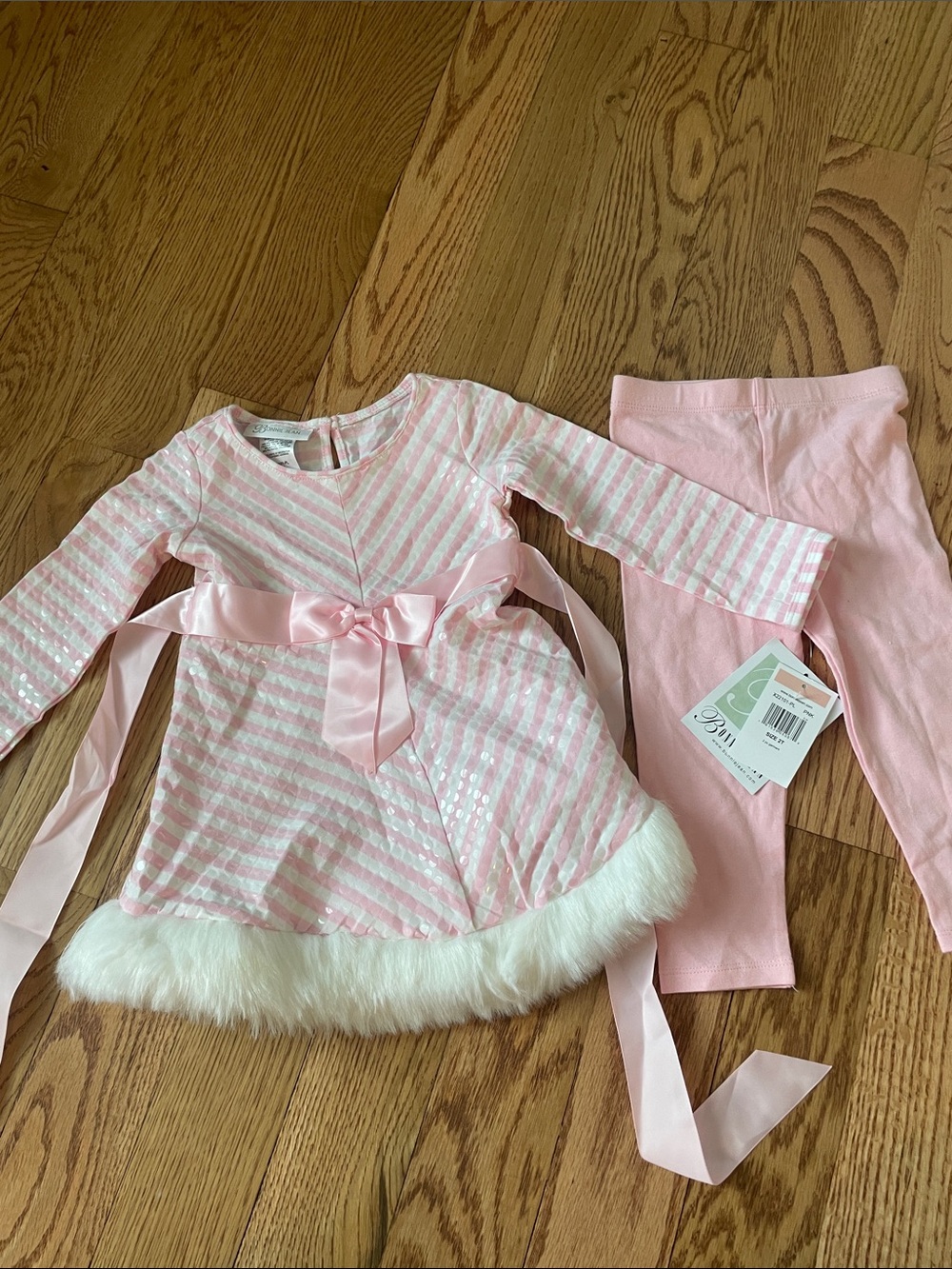 Bonnie Jean Pink Striped Top and Leggings Christmas Set